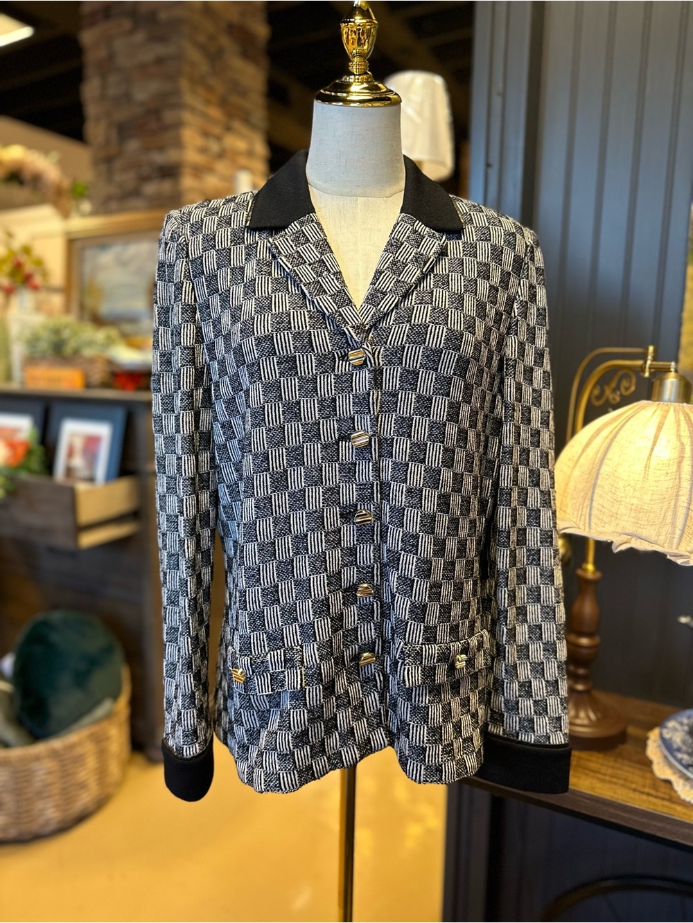 St. John Collection Marie Gray Black Ivory Basketweave Knit Jacket 10